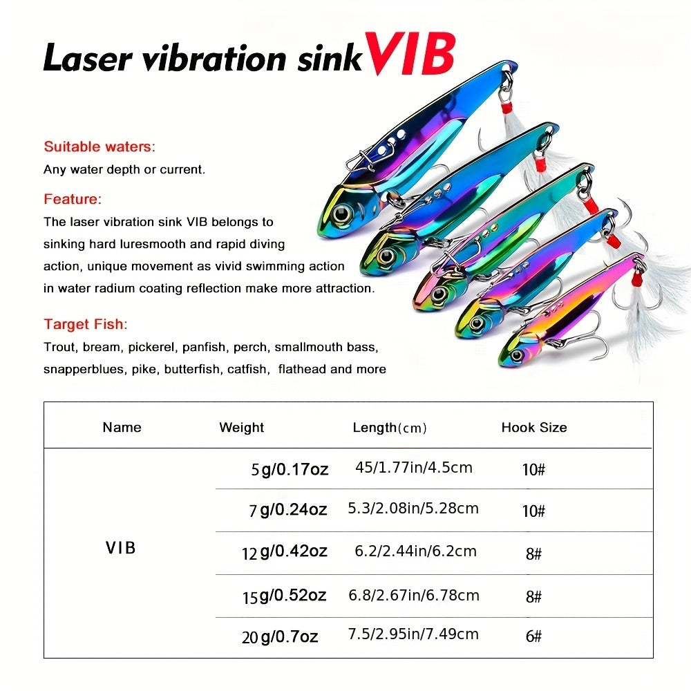 PROBEROS 1pc Colorful Vibration Sequin 5g-20g Long Casting VIB Fishing Lure Artificial Bass Bait Sinking Spinner Spoon Swimbait, with Artificial Feathers