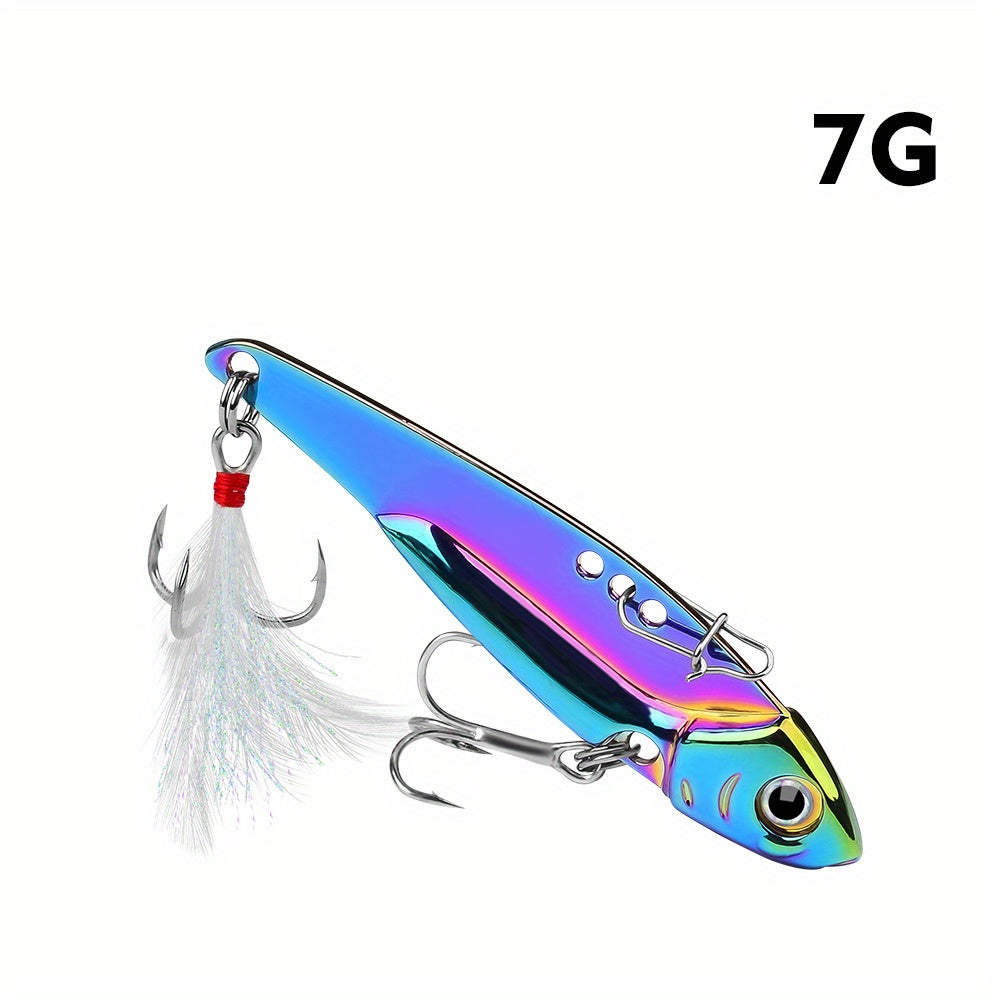PROBEROS 1pc Colorful Vibration Sequin 5g-20g Long Casting VIB Fishing Lure Artificial Bass Bait Sinking Spinner Spoon Swimbait, with Artificial Feathers