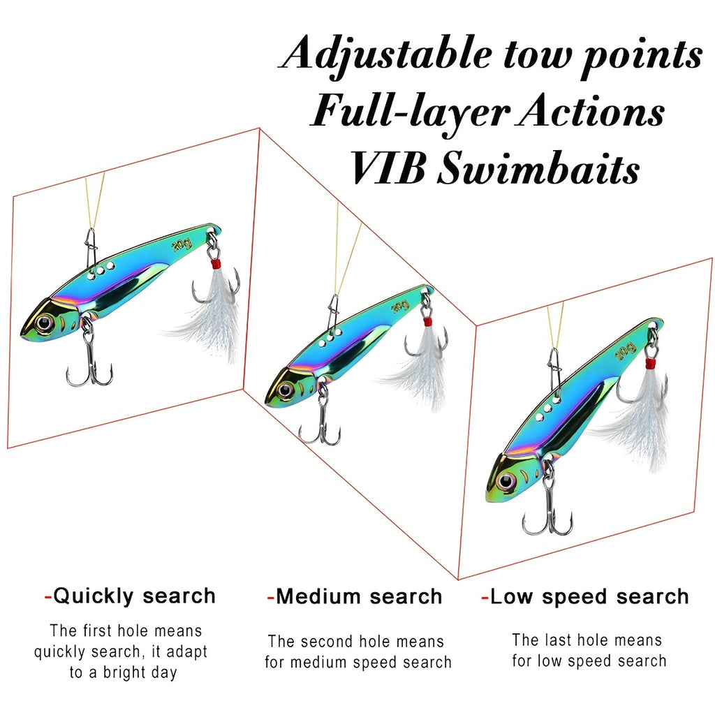 PROBEROS 1pc Colorful Vibration Sequin 5g-20g Long Casting VIB Fishing Lure Artificial Bass Bait Sinking Spinner Spoon Swimbait, with Artificial Feathers