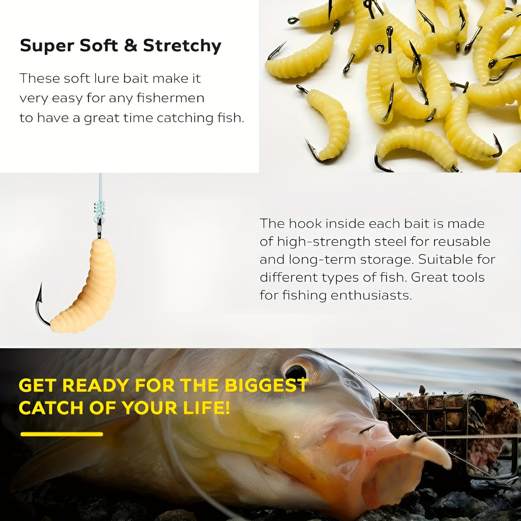 Premium Rubber Maggot Fishing Lures - 12pcs Set for Trout, Crappie & Freshwater Fish | Durable Grub Bait with Hooks & Worms