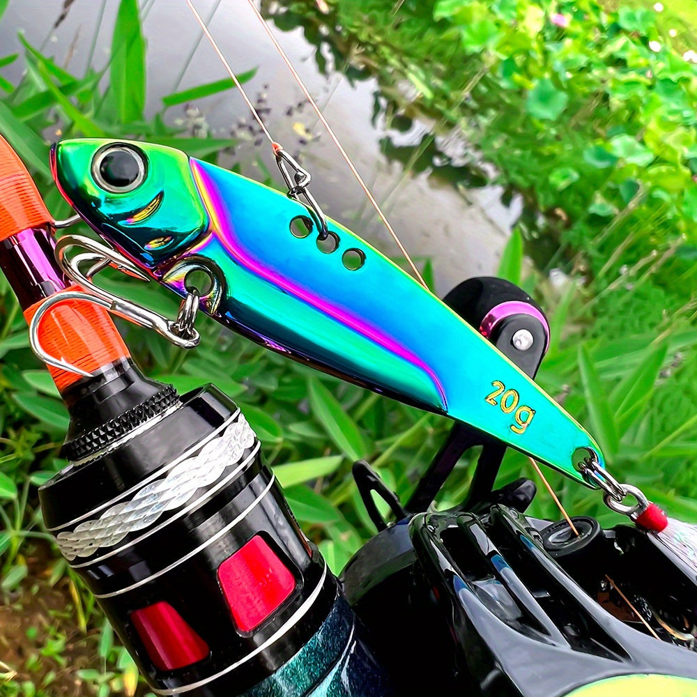 PROBEROS 1pc Colorful Vibration Sequin 5g-20g Long Casting VIB Fishing Lure Artificial Bass Bait Sinking Spinner Spoon Swimbait, with Artificial Feathers