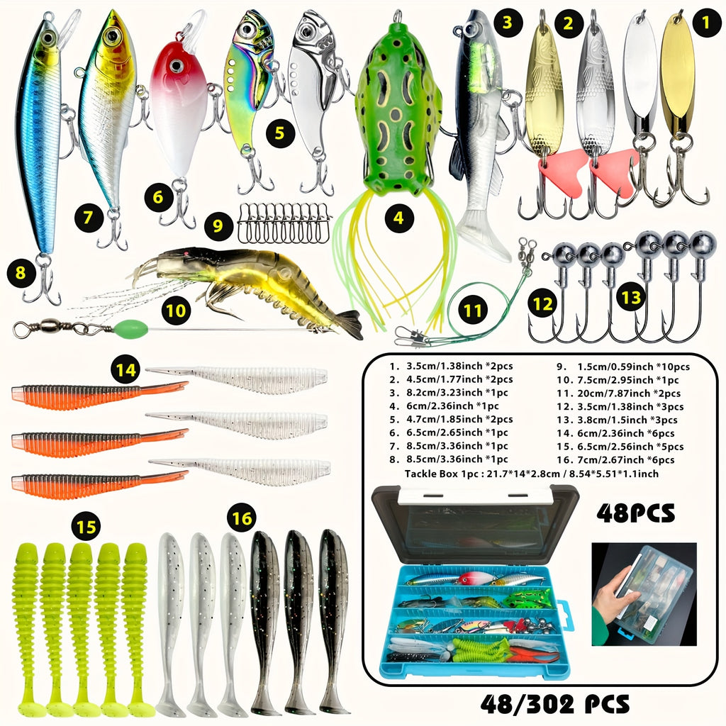 48/302pcs/set Fishing Lures Kit With Hard Baits Plastic Swimbaits, Fishing Accessories Box, Pencil Minnow Popper Crankbait Spoon, Spinner Bait, Fishing Tackle Set With Jig Head Hooks