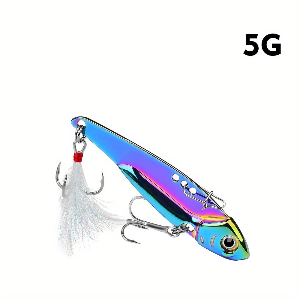 PROBEROS 1pc Colorful Vibration Sequin 5g-20g Long Casting VIB Fishing Lure Artificial Bass Bait Sinking Spinner Spoon Swimbait, with Artificial Feathers