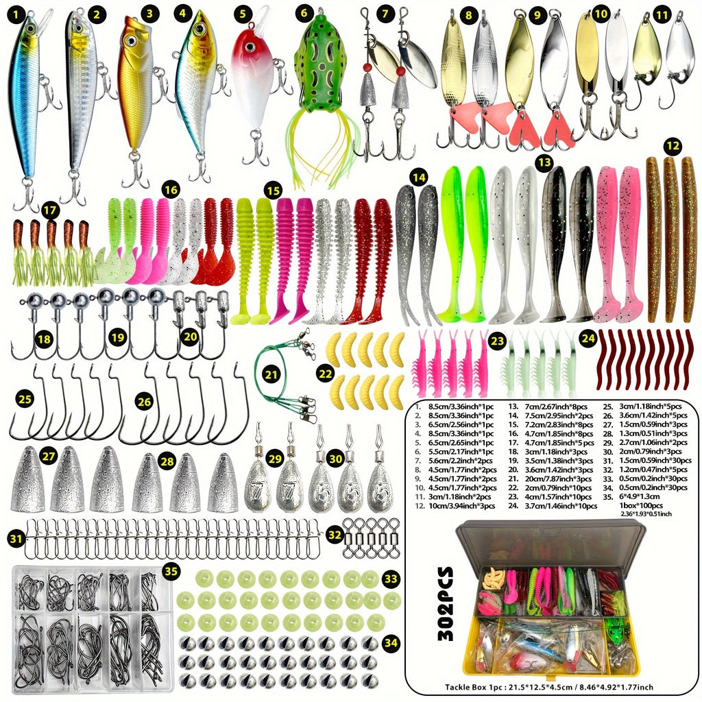 48/302pcs/set Fishing Lures Kit With Hard Baits Plastic Swimbaits, Fishing Accessories Box, Pencil Minnow Popper Crankbait Spoon, Spinner Bait, Fishing Tackle Set With Jig Head Hooks