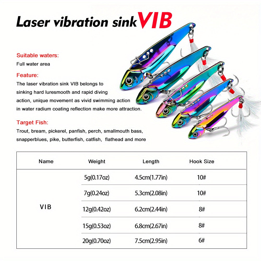 PROBEROS 1pc Colorful Vibration Sequin 5g-20g Long Casting VIB Fishing Lure Artificial Bass Bait Sinking Spinner Spoon Swimbait, with Artificial Feathers