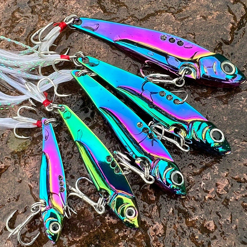 PROBEROS 1pc Colorful Vibration Sequin 5g-20g Long Casting VIB Fishing Lure Artificial Bass Bait Sinking Spinner Spoon Swimbait, with Artificial Feathers