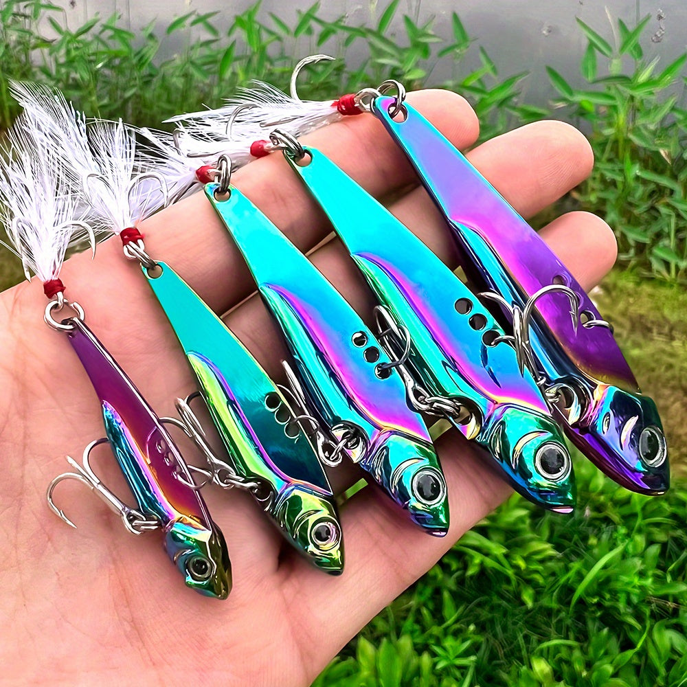 PROBEROS 1pc Colorful Vibration Sequin 5g-20g Long Casting VIB Fishing Lure Artificial Bass Bait Sinking Spinner Spoon Swimbait, with Artificial Feathers