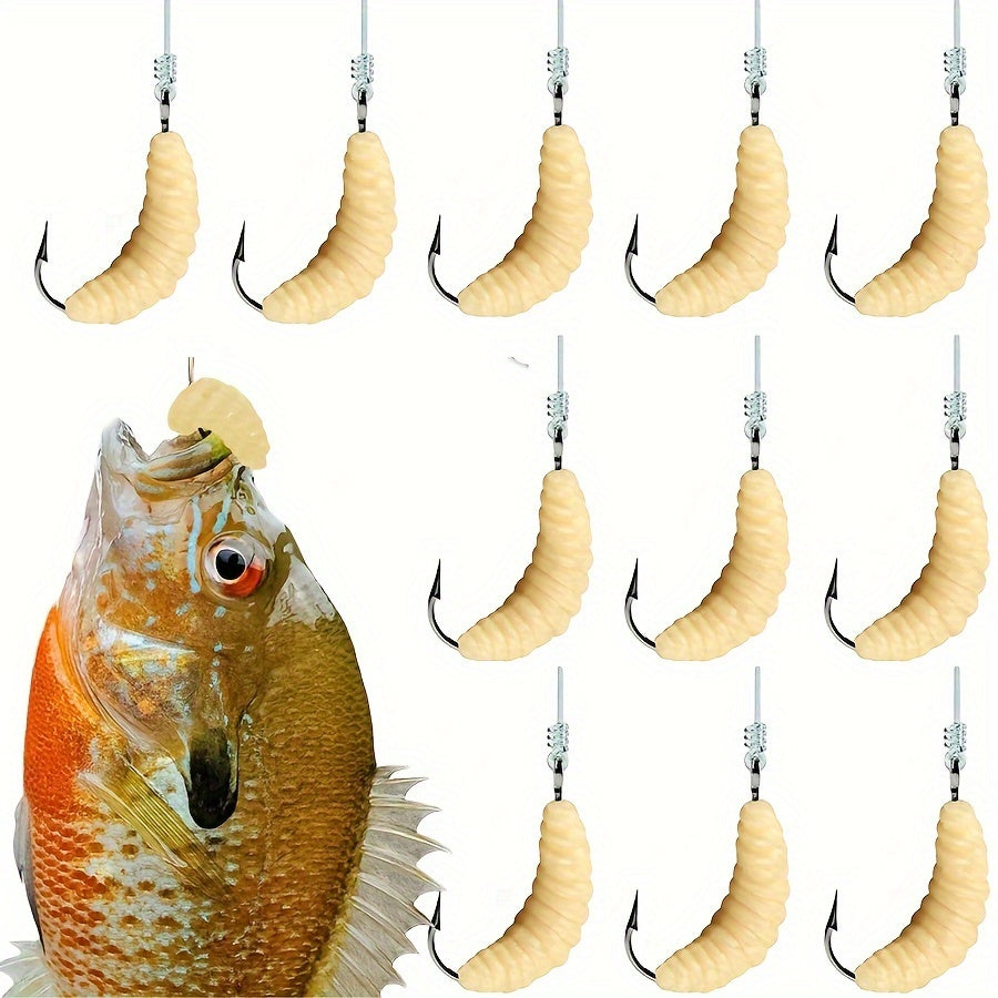 Premium Rubber Maggot Fishing Lures - 12pcs Set for Trout, Crappie & Freshwater Fish | Durable Grub Bait with Hooks & Worms