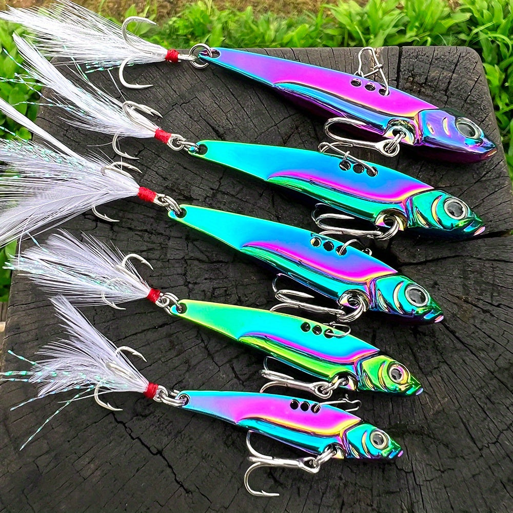 PROBEROS 1pc Colorful Vibration Sequin 5g-20g Long Casting VIB Fishing Lure Artificial Bass Bait Sinking Spinner Spoon Swimbait, with Artificial Feathers