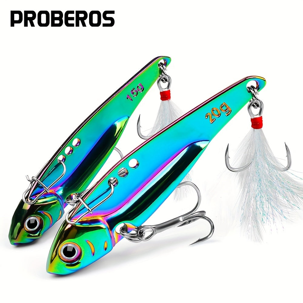 PROBEROS 1pc Colorful Vibration Sequin 5g-20g Long Casting VIB Fishing Lure Artificial Bass Bait Sinking Spinner Spoon Swimbait, with Artificial Feathers