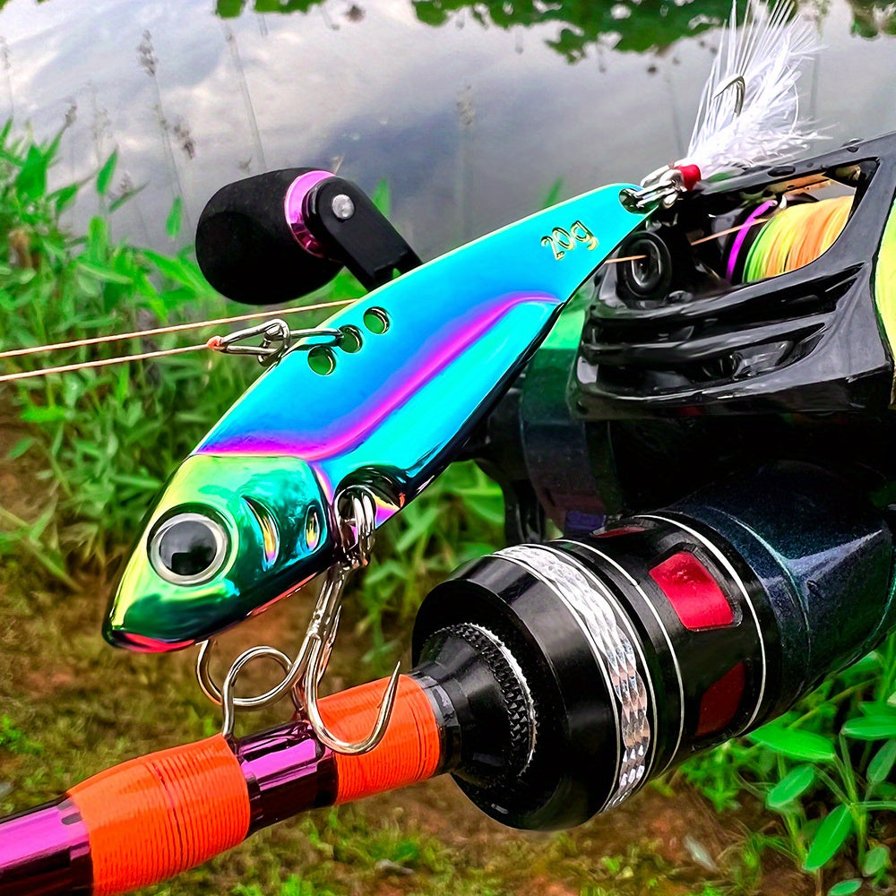 PROBEROS 1pc Colorful Vibration Sequin 5g-20g Long Casting VIB Fishing Lure Artificial Bass Bait Sinking Spinner Spoon Swimbait, with Artificial Feathers