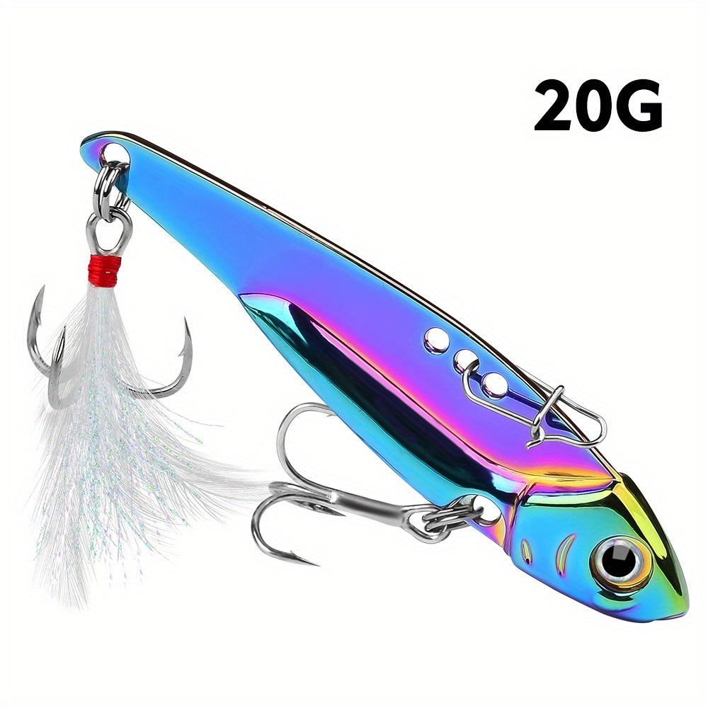 PROBEROS 1pc Colorful Vibration Sequin 5g-20g Long Casting VIB Fishing Lure Artificial Bass Bait Sinking Spinner Spoon Swimbait, with Artificial Feathers