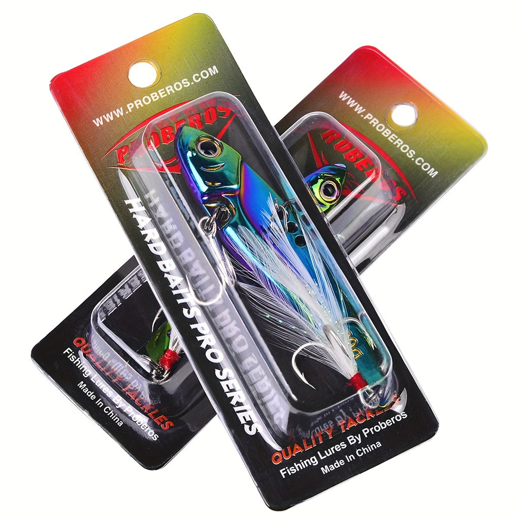 PROBEROS 1pc Colorful Vibration Sequin 5g-20g Long Casting VIB Fishing Lure Artificial Bass Bait Sinking Spinner Spoon Swimbait, with Artificial Feathers