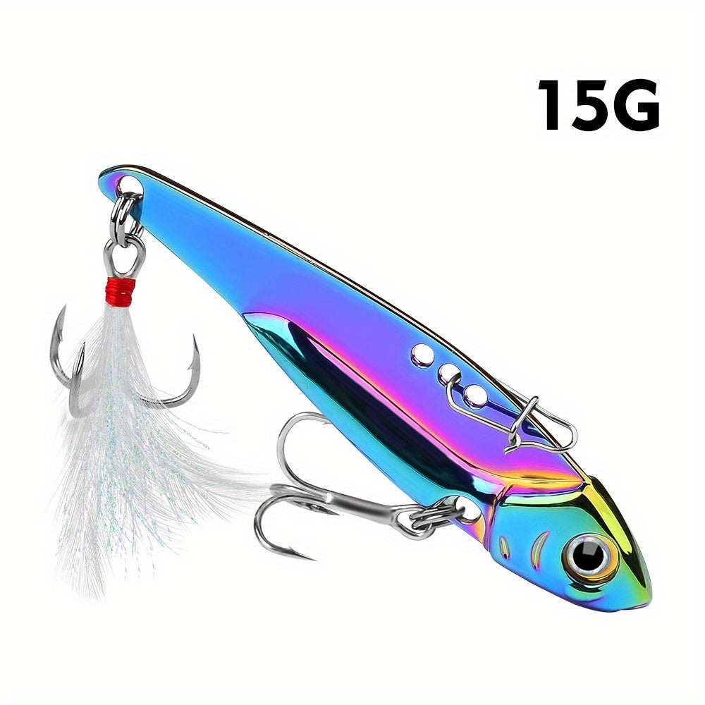 PROBEROS 1pc Colorful Vibration Sequin 5g-20g Long Casting VIB Fishing Lure Artificial Bass Bait Sinking Spinner Spoon Swimbait, with Artificial Feathers