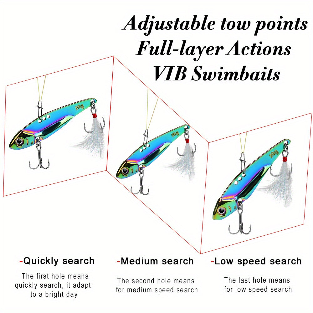 PROBEROS 1pc Colorful Vibration Sequin 5g-20g Long Casting VIB Fishing Lure Artificial Bass Bait Sinking Spinner Spoon Swimbait, with Artificial Feathers