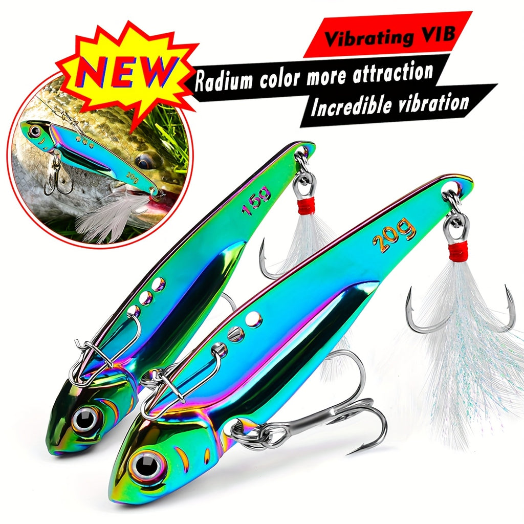 PROBEROS 1pc Colorful Vibration Sequin 5g-20g Long Casting VIB Fishing Lure Artificial Bass Bait Sinking Spinner Spoon Swimbait, with Artificial Feathers