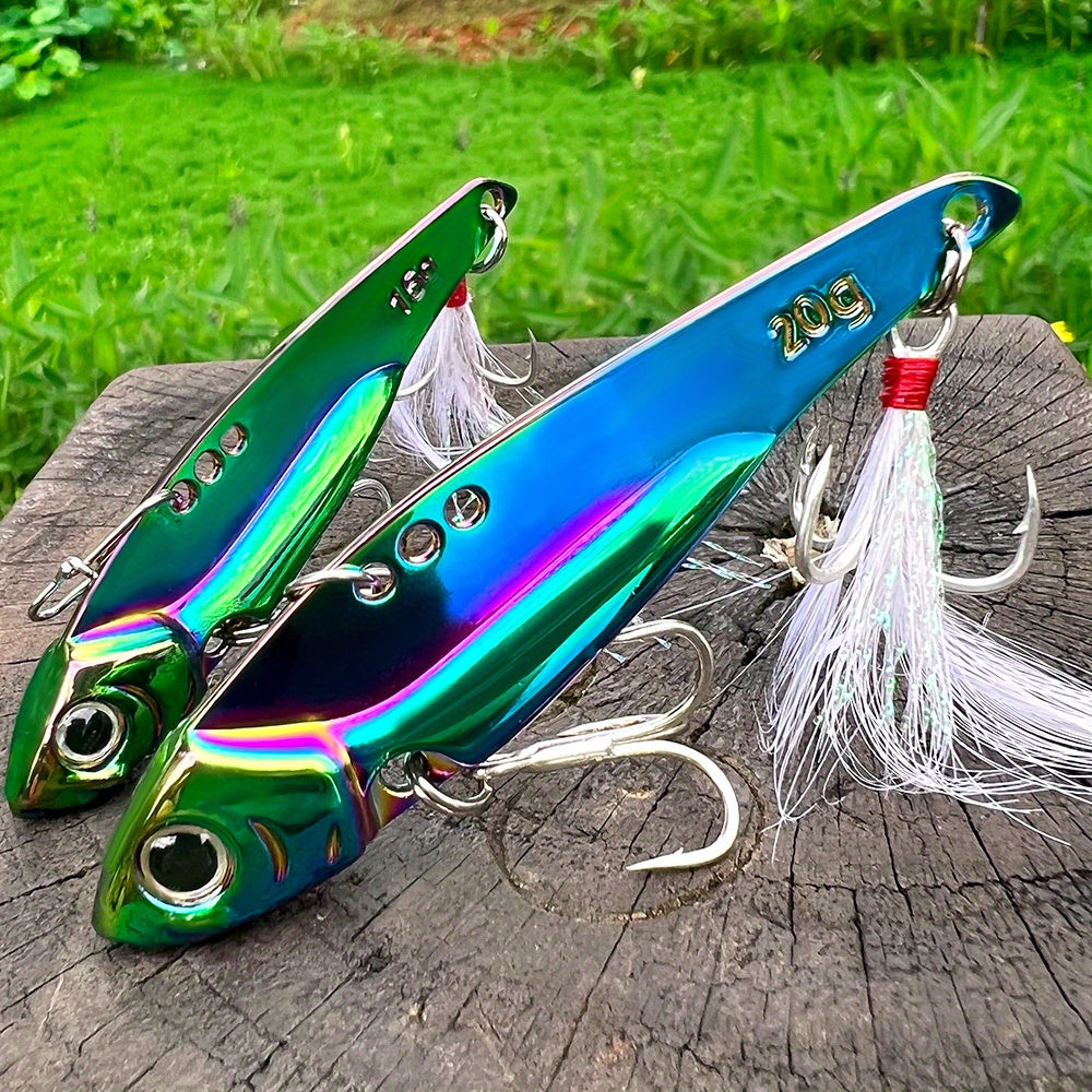 PROBEROS 1pc Colorful Vibration Sequin 5g-20g Long Casting VIB Fishing Lure Artificial Bass Bait Sinking Spinner Spoon Swimbait, with Artificial Feathers